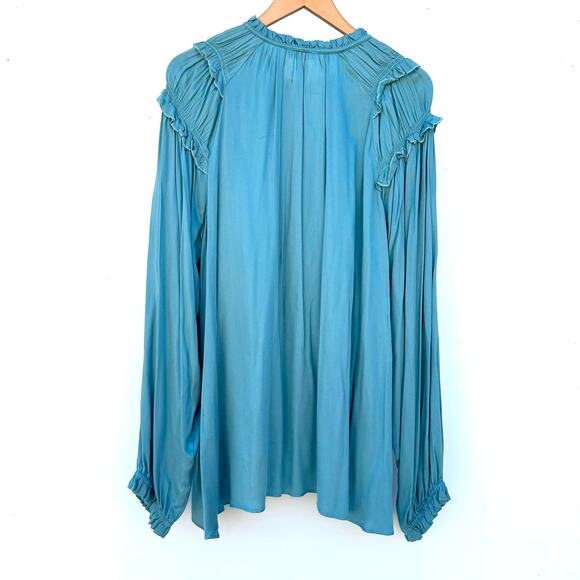 Sundance Pleated Peasant Blouse Ruffle Shoulder Silk Teal Blue Large Top - Picture 4 of 7